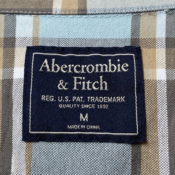 ABERCROMBIE & FITCH Mens Shirt Light Blue Tan Plaid Long Sleeve Cotton Button up - Picture 4 of 12